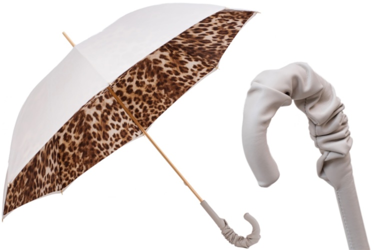 Leopard Print Umbrella With Ruched Leather Handle Pasotti