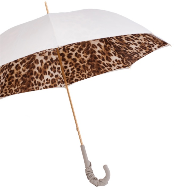 Leopard Print Umbrella With Ruched Leather Handle Pasotti