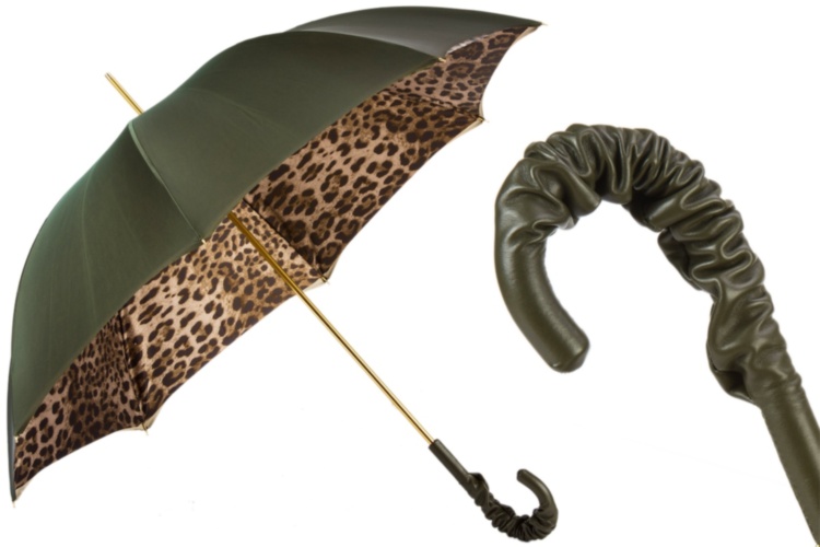 Leopard Print Olive Green Umbrella With Ruched Leather Handle Pasotti