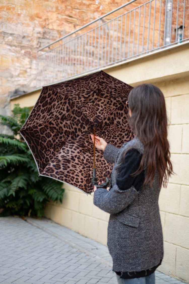 Leopard Print Olive Green Umbrella With Ruched Leather Handle Pasotti