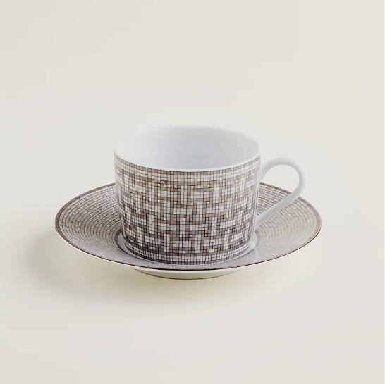 Mosaique au 24 Platinum Tea Cup and Saucer set of 2 Hermes