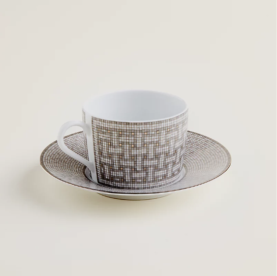 Mosaique au 24 Platinum Tea Cup and Saucer set of 2 Hermes