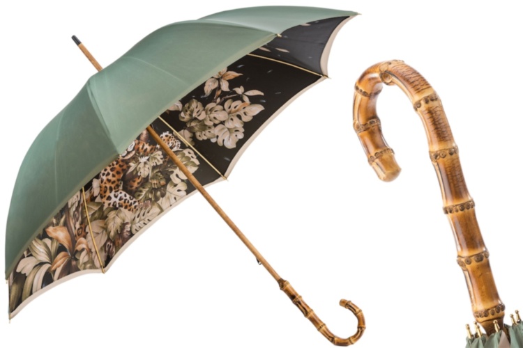 Leopard Umbrella With Wonderful Interior And Bamboo Handle, Double Cloth Pasotti
